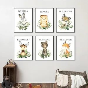 6pcs Whimsical Wildlife: Nordic Watercolor Posters for Woodland-Themed Nursery Decor