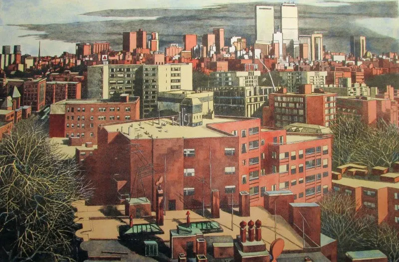 "Boston Skyline" by Anne Lyman Powers - Hand-colored Etching on Paper