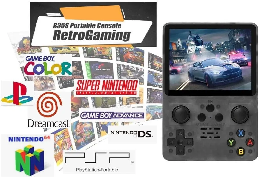 R35S l Retro Video Game Console 64GB Mini Handheld Gameboy Built in 8000  Classic Games   PSP Games 3.5-inch IPS Screen Dual 3D Joystick