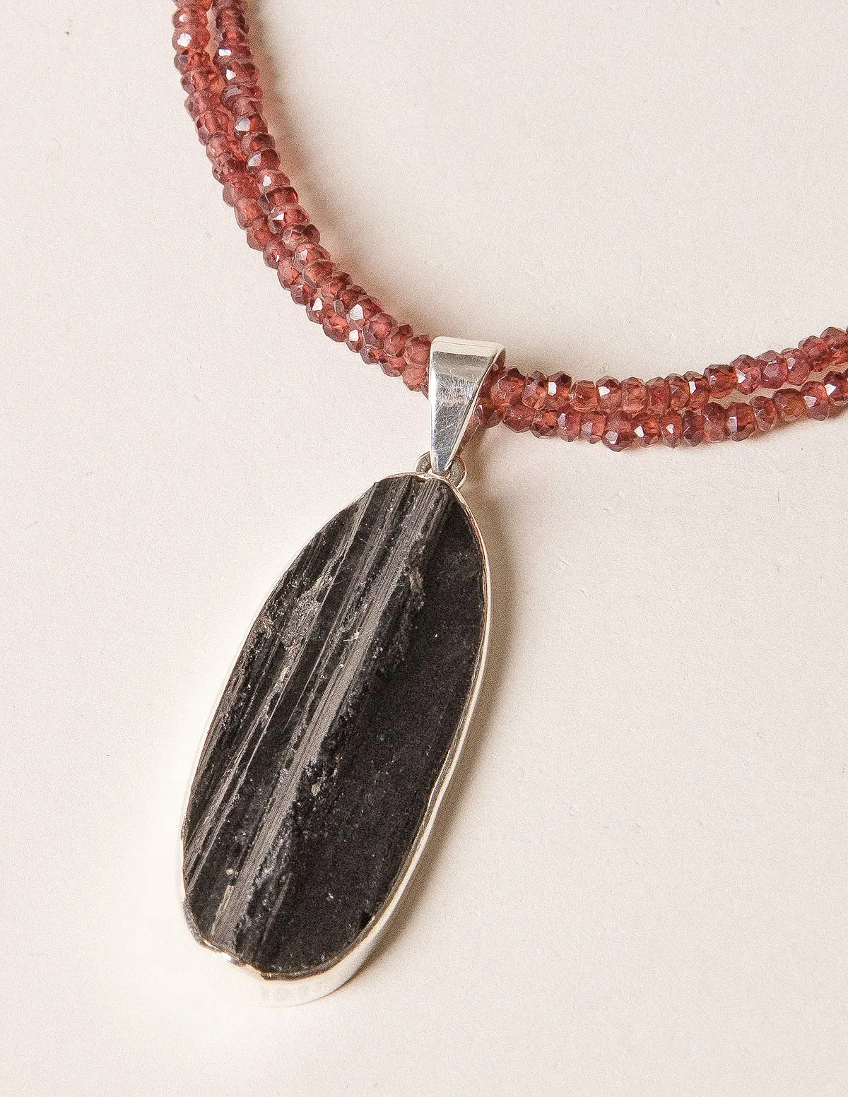 Raw Black Tourmaline Oval Beaded Garnet Necklace